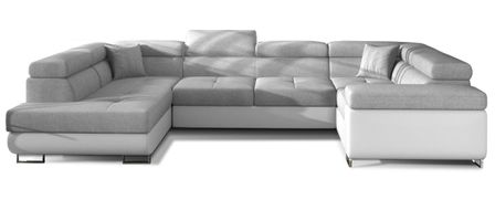 Canapé panoramique convertible TOVY en tissu et simili cuir avec têtières réglables – 340 cm