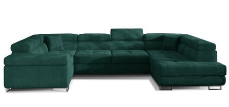 Canapé panoramique convertible TOVY en velours avec coffre et têtières réglables – 340 cm