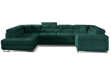 Canapé panoramique convertible TOVY en velours avec coffre et têtières réglables – 340 cm