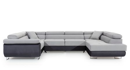 Canapé panoramique convertible TOVY en velours avec coffre et têtières réglables – 340 cm