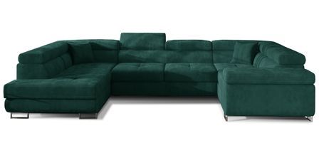 Canapé panoramique convertible TOVY en velours avec coffre et têtières réglables – 340 cm
