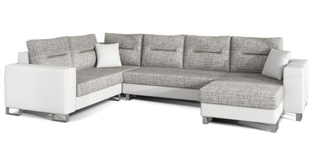 Canapé panoramique tissu gris clair chiné et simili cuir blanc en forme de U convertible avec petit coffre de rangement Lizzio 312 cm