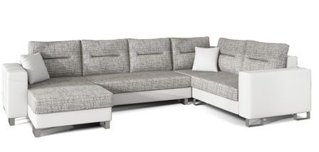 Canapé panoramique tissu gris clair chiné et simili cuir blanc en forme de U convertible avec petit coffre de rangement Lizzio 312 cm