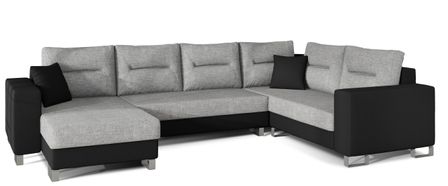 Canapé panoramique tissu gris clair et simili cuir noir en forme de U convertible avec petit coffre de rangement Lizzio 312 cm