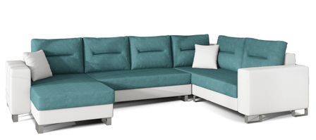 Canapé panoramique tissu vert et simili cuir blanc en forme de U convertible avec petit coffre de rangement Lizzio 312 cm