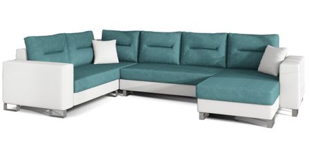 Canapé panoramique tissu vert et simili cuir blanc en forme de U convertible avec petit coffre de rangement Lizzio 312 cm