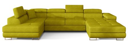 Canapé panoramique tissu vert moutarde convertible avec coffre de rangement Romano 345 cm