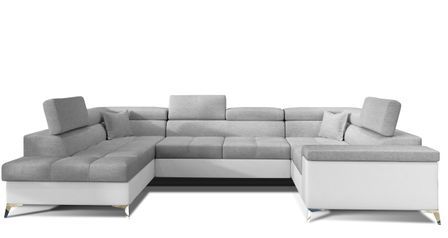 Canapé panoramique TRIANO avec coffre intégré et fonction lit - Design bi-matière tissu & simili cuir