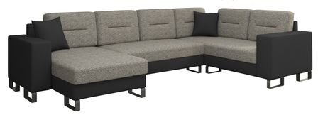 Canapé panoramique tissu gris chiné et simili cuir noir en forme de U convertible avec petit coffre de rangement Lizzio 312 cm