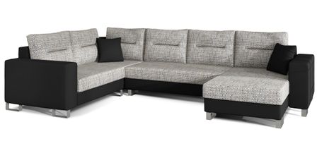 Canapé panoramique tissu gris chiné et simili cuir noir en forme de U convertible avec petit coffre de rangement Lizzio 312 cm