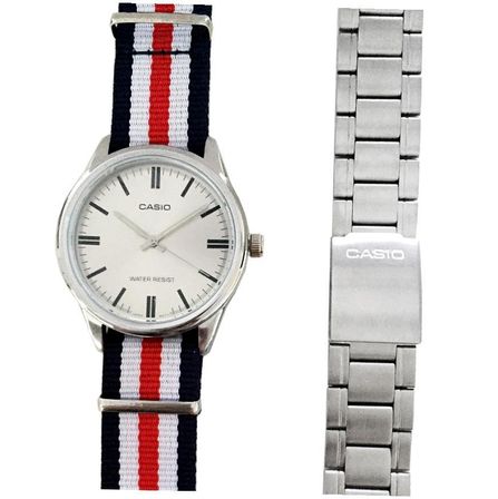Casio Special Mtp-v005d-7 Set Nato Strap (blue.white.red) + S/s Bracelet 40mm Wr 30m ***original Box*** MTP-V005D-7_NATO_DW