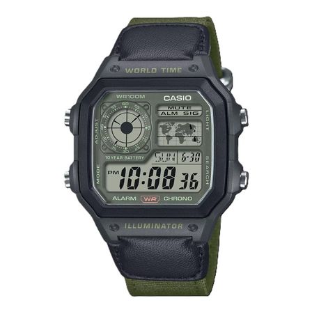 Casio Sport World Time Illuminator 5 Alarms - Future Classic Collection - Black Green AE-1200WHUB-3AVEF