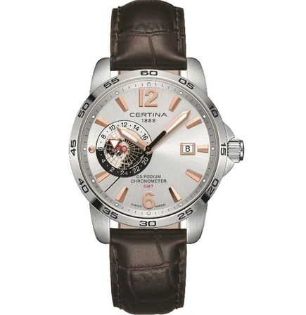 Certina Ds Podium Gmt Automatic Ss Leather Silver Cosc (contrôle Officiel Suisse Des Chronomètres) C034.455.16.037.01