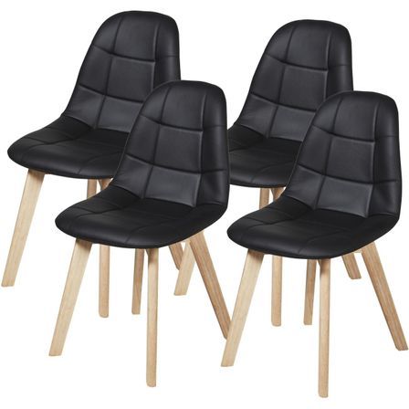 Chaise scandinave simili cuir noir capitonné et bois naturel Kiba - Lot de 4