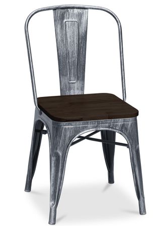 Chaise acier vintage vieilli et assise en bois massif marron Reko