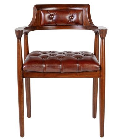 Chaise avec accoduoir bois massif vernis et cuir veritable capitonné Artano