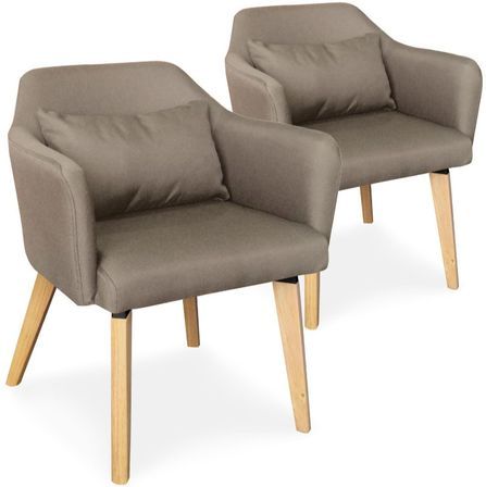 Chaise avec accoudoirs tissu taupe et pieds bois clair Biggie - Lot de 2