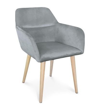 Chaise avec accoudoirs velours argent et pieds bois clair Nathy