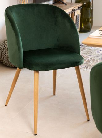 Chaise avec accoudoirs velours vert foncé et pieds métal imitation bois Vida
