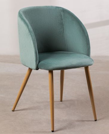 Chaise avec accoudoirs velours vert sapin et pieds métal imitation bois Vida