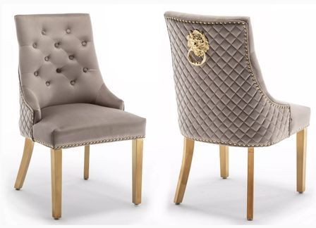 Chaise capitonnée velours avec anneau d'un lion au dos et pieds métal doré Elena - Lot de 2