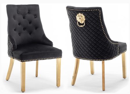 Chaise capitonnée velours avec anneau d'un lion au dos et pieds métal doré Elena - Lot de 2