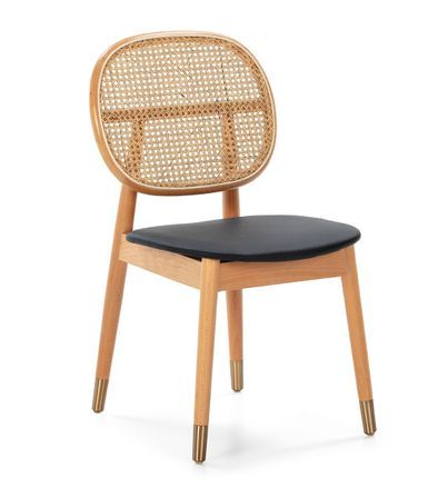 Chaise cuir noir et rotin pieds bois massif clair Amy