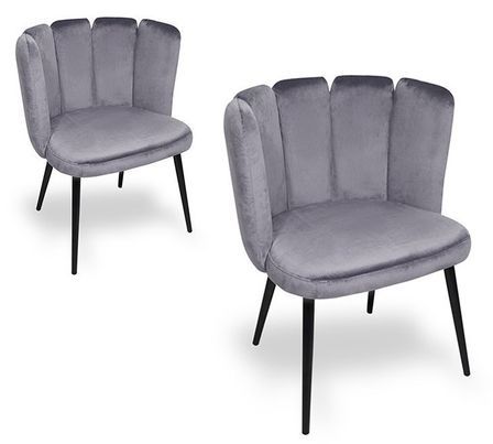 Chaise design voluptueuse velours gris et pieds métal noir - Lot de 2