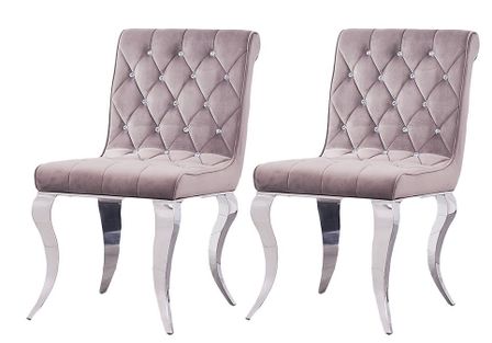 Chaise design velours taupe capitonné avec strass et pieds acier chromé Julie - Lot de 2