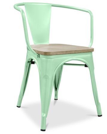 Chaise industrielle avec accoudoirs acier brillant et assise en bois massif naturel Reko