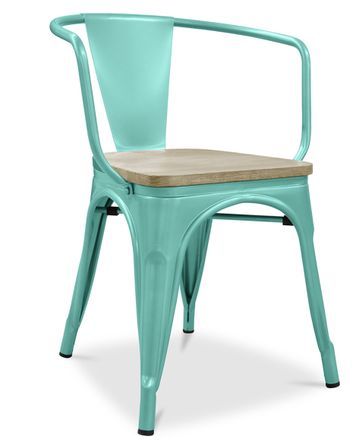 Chaise industrielle avec accoudoirs acier brillant et assise en bois massif naturel Reko