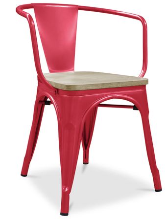 Chaise industrielle avec accoudoirs acier brillant et assise en bois massif naturel Reko