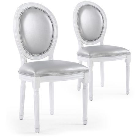 Chaise médaillon bois blanc et simili gris Louis XVI - Lot de 2