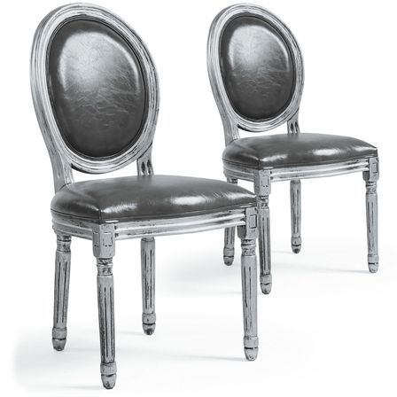 Chaise médaillon bois patiné argenté et simili gris Louis XVI - Lot de 2