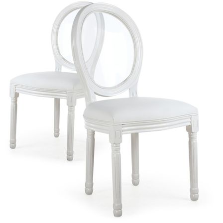 Chaise médaillon bois patiné blanc et simili blanc Louis XVI - Lot de 2
