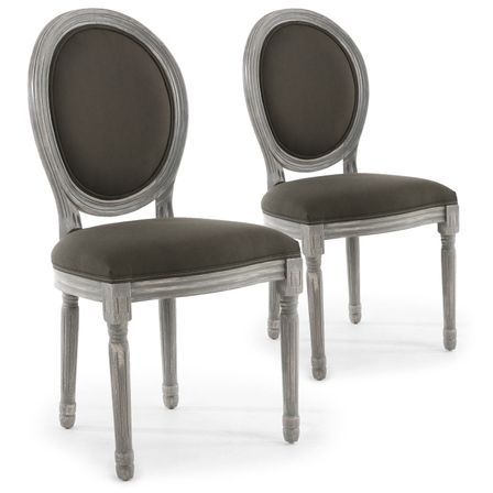 Chaise médaillon bois patiné et velours gris Louis XVI - Lot de 2