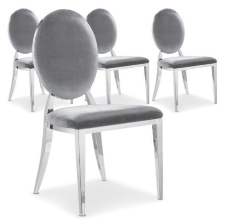 Chaise médaillon effet miroir et velours gris Louis XVI - Lot de 4