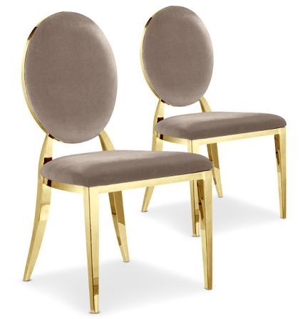Chaise médaillon velours taupe et pieds métal doré Louis XVI - Lot de 2