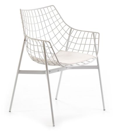 Chaise métal blanc avec accoudoirs et coussin tissu blanc Ram