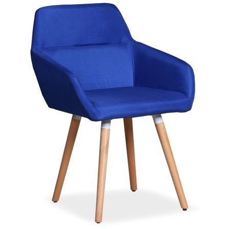 Chaise scandinave avec accoudoirs bois naturel et tissu bleu Walter