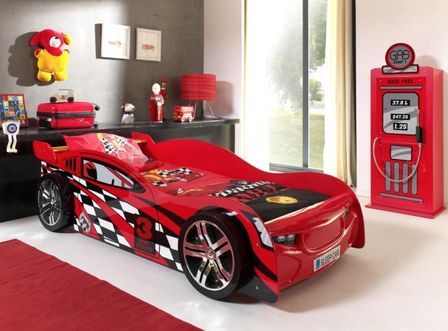 Chambre 2 pièces voiture de course 90x200 cm et 1 armoire bois rouge Spider