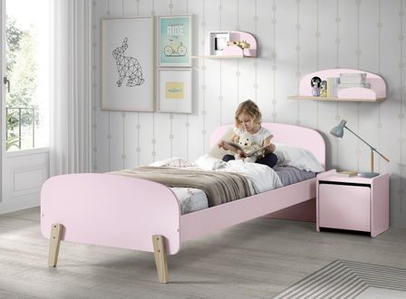 Chambre enfant 4 pièces lit chevet et 2 tiroirs bois laqué rose et pin clair Kiddy 90x200 cm
