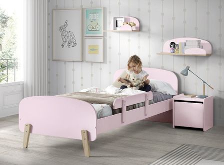 Chambre enfant 5 pièces lit rambarde chevet et 2 étagères bois laqué rose et pin clair Kiddy 90x200 cm