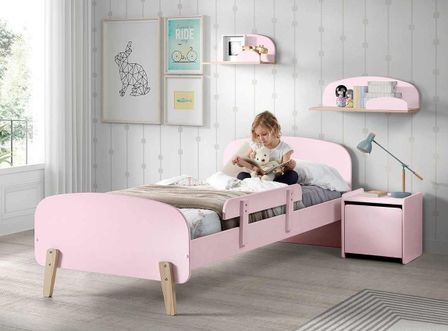 Chambre enfant 6 pièces lit rambarde chevet coffre et 2 étagères bois laqué rose et pin clair Kiddy 90x200 cm