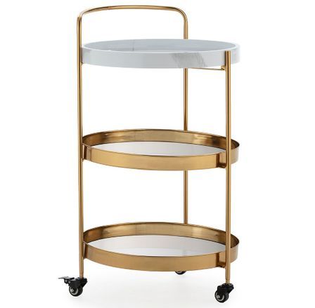 Chariot de bar ZOVA en métal, marbre artificiel et miroir – Doré & Blanc