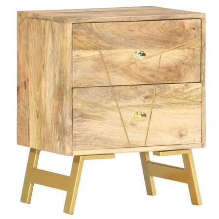 Chevet 2 tiroirs manguier massif et pieds métal doré Rakat