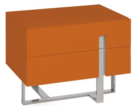 Chevet design bois laqué orange et pieds acier chromé Dezina