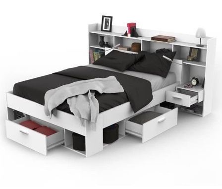 Ensemble lit adulte 140x190/200 cm + Rangement avec Liseuse LEDS - Décor blanc mat