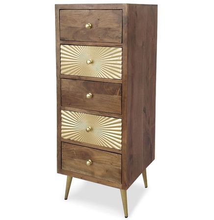 Chiffonnier 5 tiroirs bois foncé et métal doré Falya