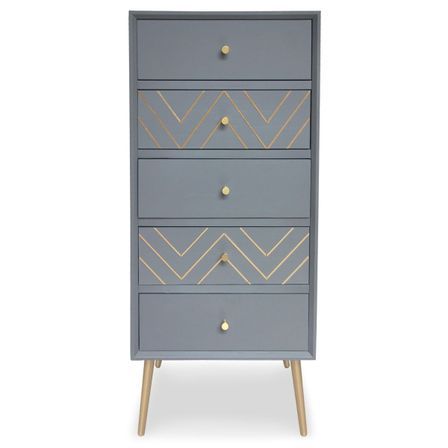 Chiffonnier 5 tiroirs bois massif gris et métal doré Lurim